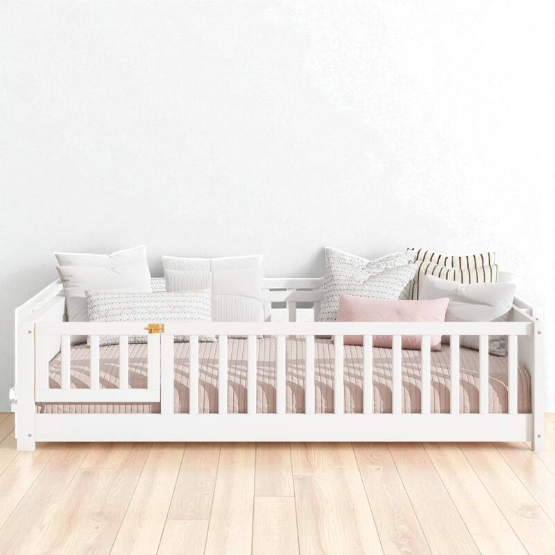 Twin Size Floor Platform Bed with Guardrails, Revolving Door and Built-in Book Rack