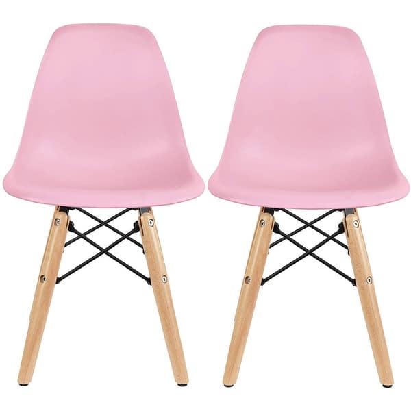 slide 1 of 7, 2xhome Set of 2 Pink Modern Kids Toddler Size Molded Plastic Armless No Arms Seat for Children's Room Natural Wood Eiffel Legs