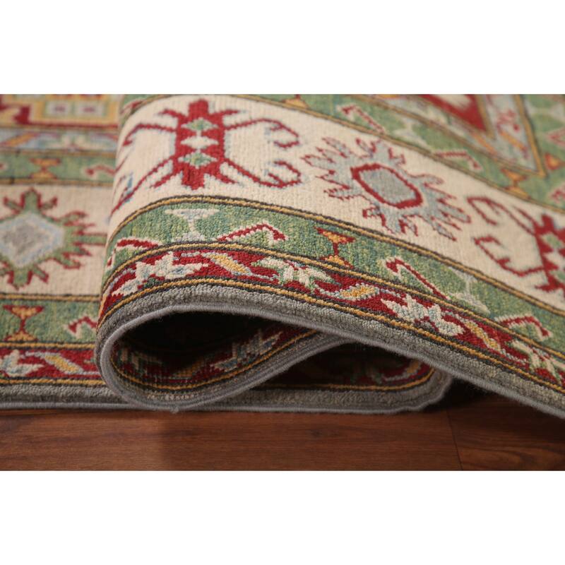 Gray Geometric Kazak Area Rug Handmade Wool Carpet - 6'6" x 9'9"