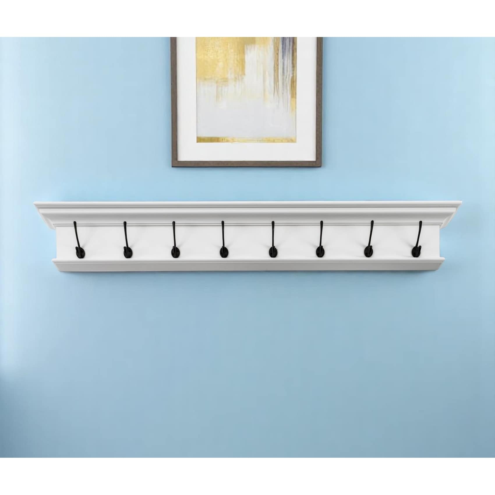 HomeRoots 51" White Solid Wood Eight Hook Wall Mount Coat Rack