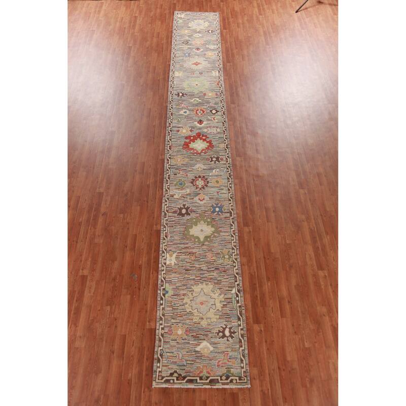 Hand Knotted Oriental 100% Wool Carpet Transitional Floral Multi-Colored Oushak Runner Rug - 19' 11'' X 2' 7''
