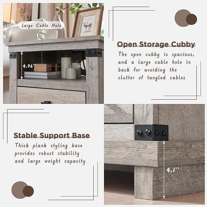 18" Farmhouse Nightstand with Charging Station, Night Stand, End Table