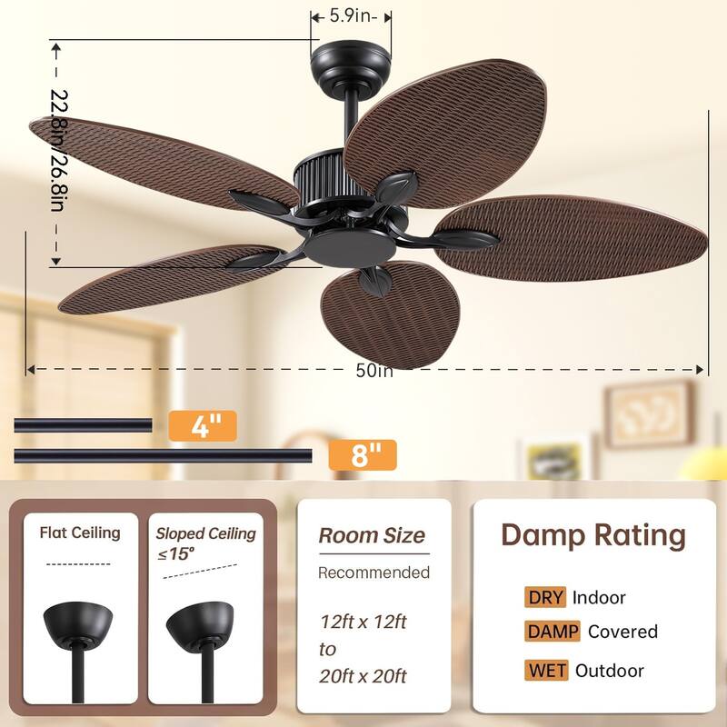 50 Inch Tropical Palm Tropical Indoor/Outdoor Ceiling Fan DC Motor Remote Control - 50 Inches