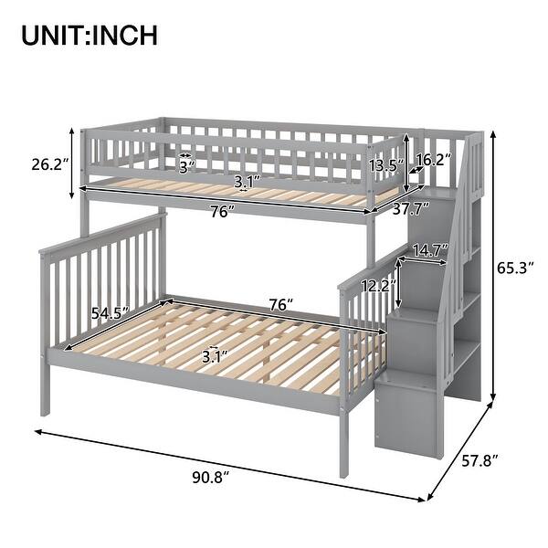 Twin Over Full Bunk Bed with Stairway Storage, Solid Wood Frame, Space-Saving Design