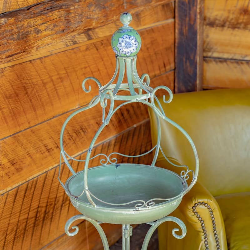 45 Inch Tall Standing Green Iron Birdbath with Ceramic Sailor Ball - 14.57x14.57x44.88