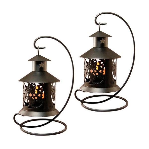 Set of 2 Black Table Top Metal Lantern with Hanging Stands 7.75" - N/A