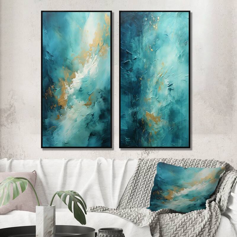 Designart "Turquoise Tranquility" Abstract Landscapes Framed Wall Art Set Of 2 - Green Gallery Set For Office Decor - 24 in. wide x 20 in. high - Black