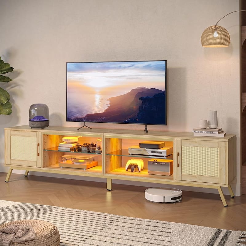 80'' Rattan Black TV Stand for TVs up to 85", Boho LED TV Console with Adjustable Shelves and doors - Beige