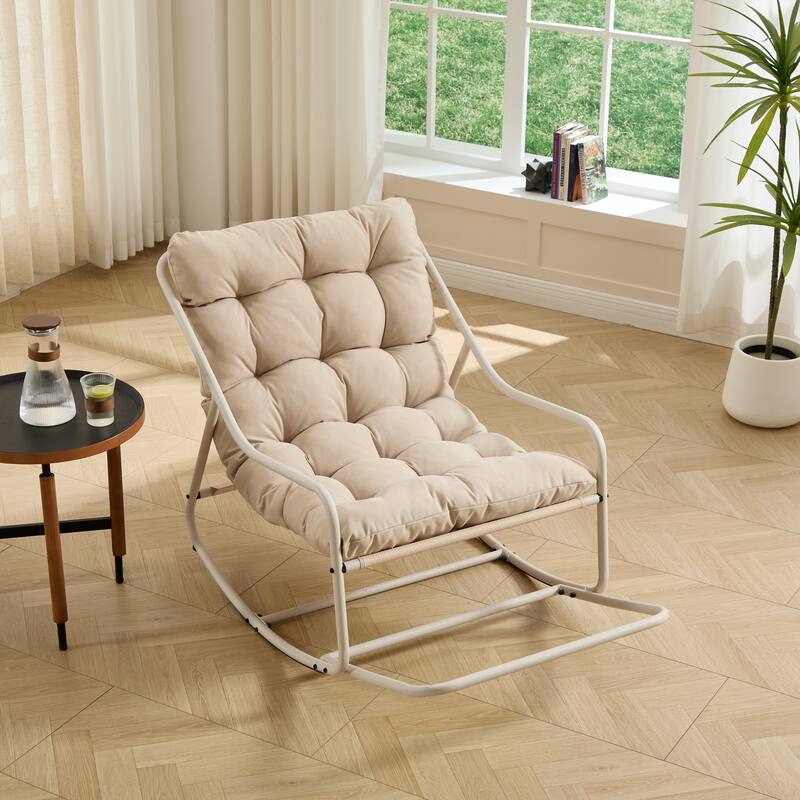 Outdoor Rocking Chair, Comfy Cushion, with Soft Thick Cushion,for Living Room, Bedroom, Reading Room, Black Frame with Cushion - Beige