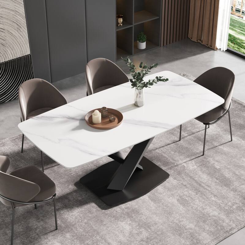 71"Marble Sintered Stone Dining Table with X-Shape Carbon Steel Pedestal - White