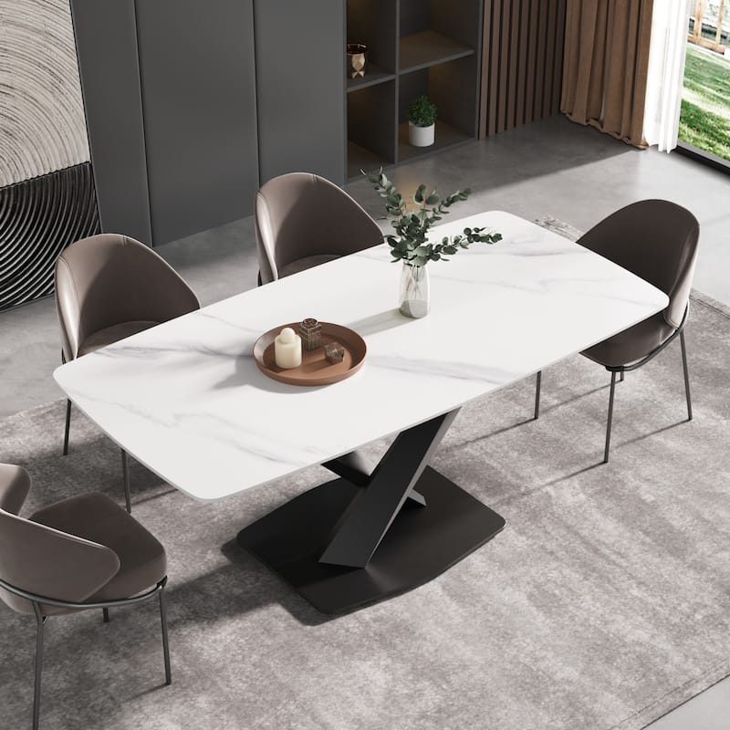 71" Modern Dining Table with Slate Stone Top and Metal Legs, Marble Dining Table - White&Black