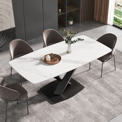 71" Modern Dining Table with Slate Stone Top and Metal Legs, Marble Dining Table