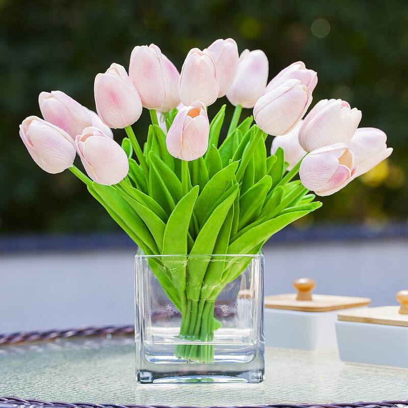 Enova Home 20 Pieces Artificial Real Touch Tulips Fake Silk Flowers Arrangement in Cube Glass Vase with Faux Water