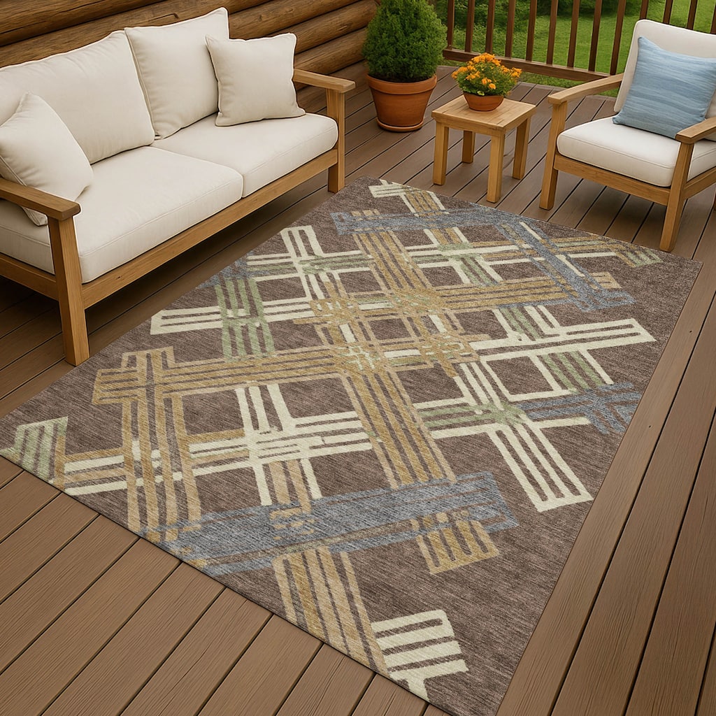 Machine Washable Indoor/ Outdoor Modern Trellis Chantille Rug