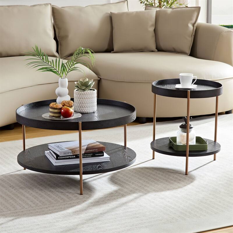 2-Piece 2 tier Round Coffee Table Set,Easy Assembly Nesting End Tables