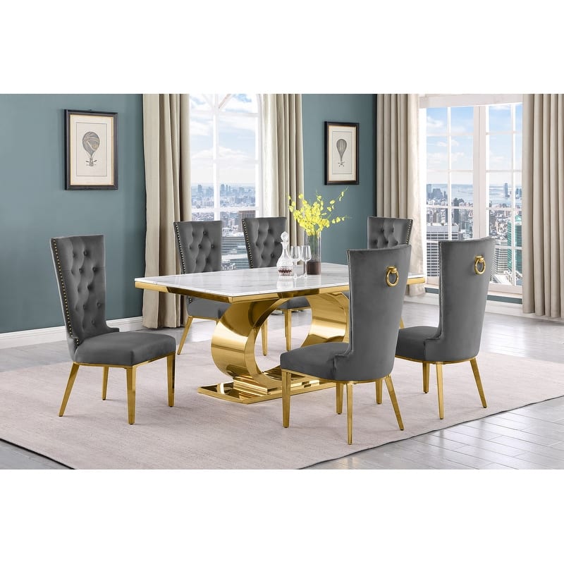Best Quality Furniture D430/1-SC330-7 Dining Set with 68" White Marble Top - 7-Piece - Dark Grey / Gold