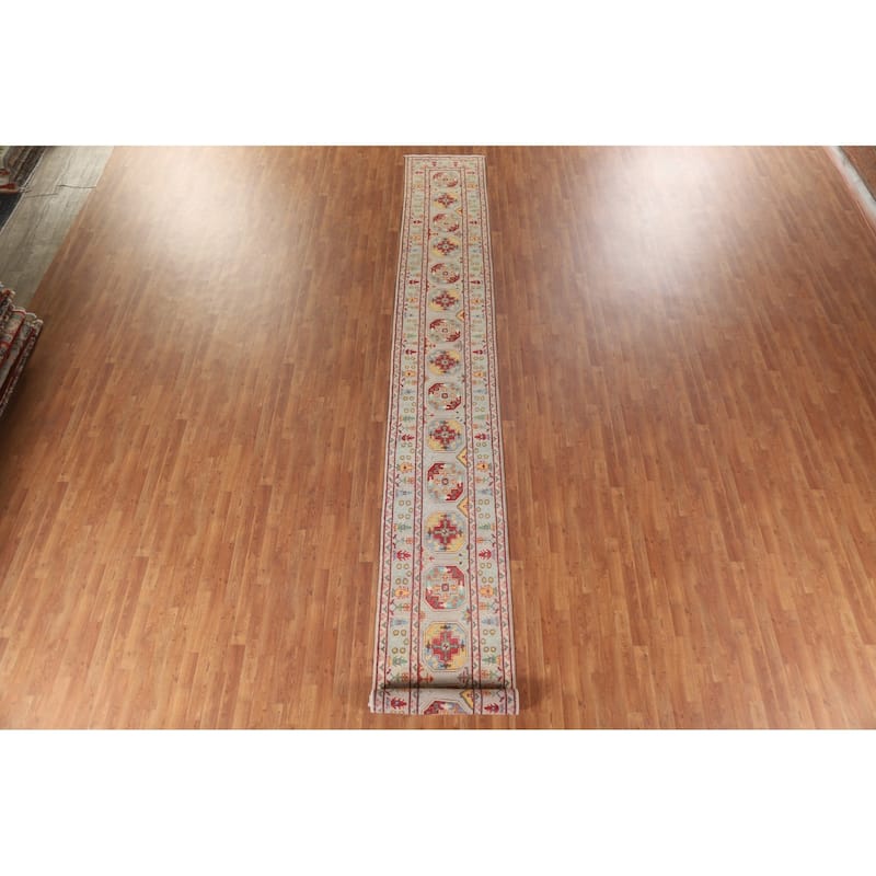 Hand Knotted Oriental 100% Wool Carpet Traditional Geometric Multi-Colored Kazak Runner Rug - 19' 10'' X 2' 6''