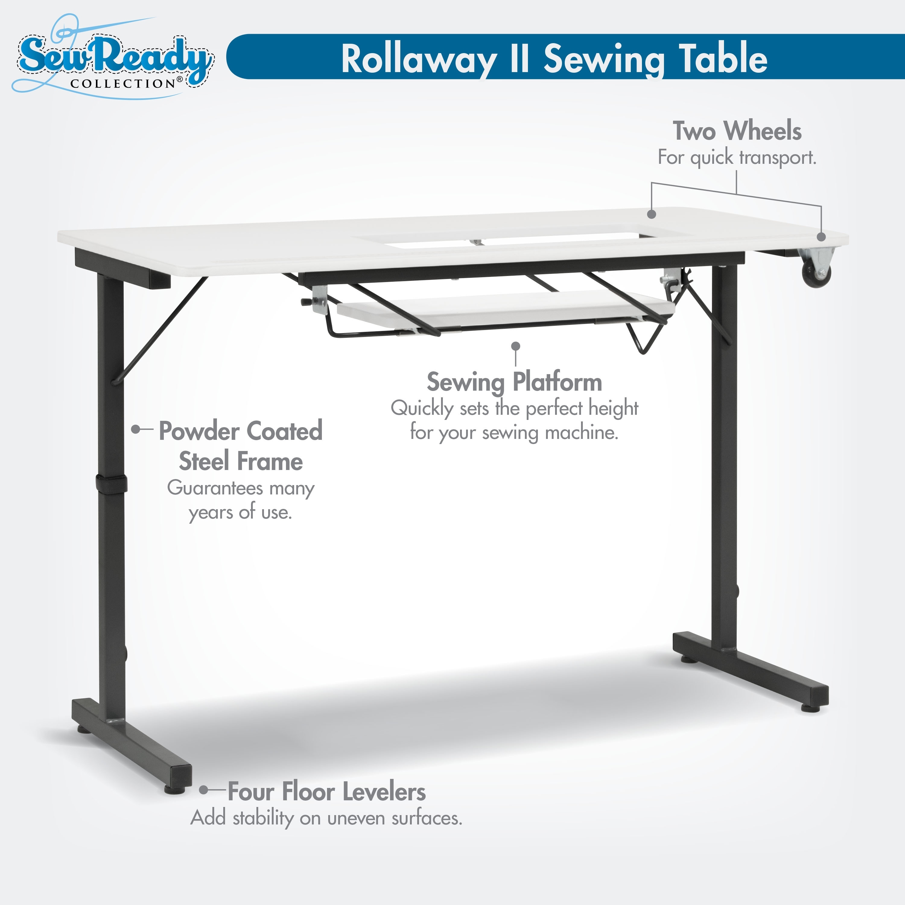 Sew Ready Rollaway II Sewing Table Silver/White Portable Folding