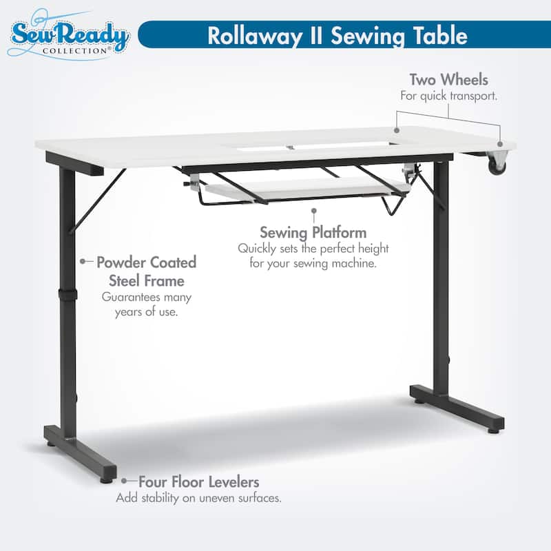 Sew Ready Rollaway II Sewing Table Silver/White Portable Folding Rolling.