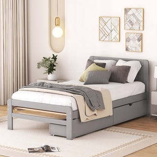 Modern Twin Size Platform Bed Frame with 2 Storage Drawers, Solid Wood Twin Storage Bed Frame with Headboard for Kids Boys Girls