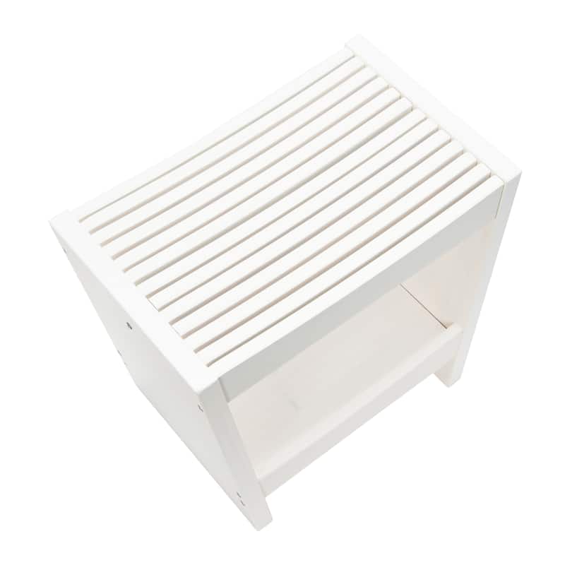 Slatted Solid Wood Stool With Storage Shelf