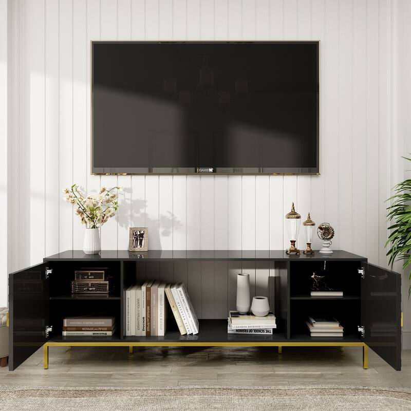 70 Inch TV Stand, Heavy Duty Wood Media Entertainment Center Console with Cabinet Storage & Open Shelves
