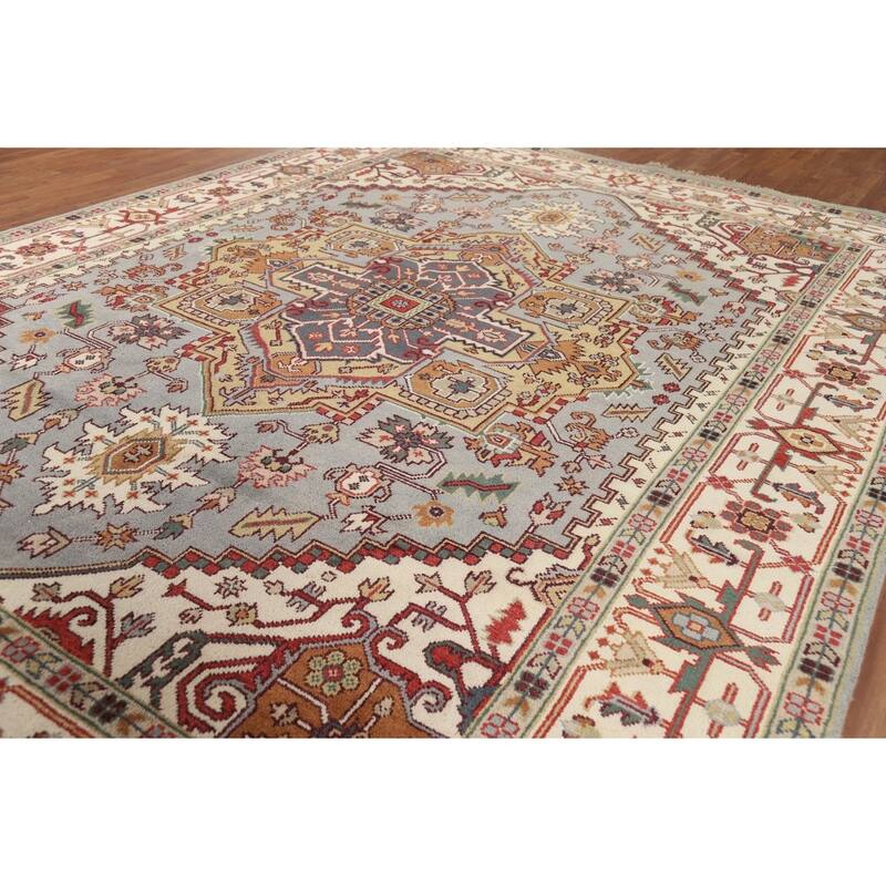 Heriz Serapi Indian Area Rug Handmade Grey Wool Carpet - 8'11" x 11'9"