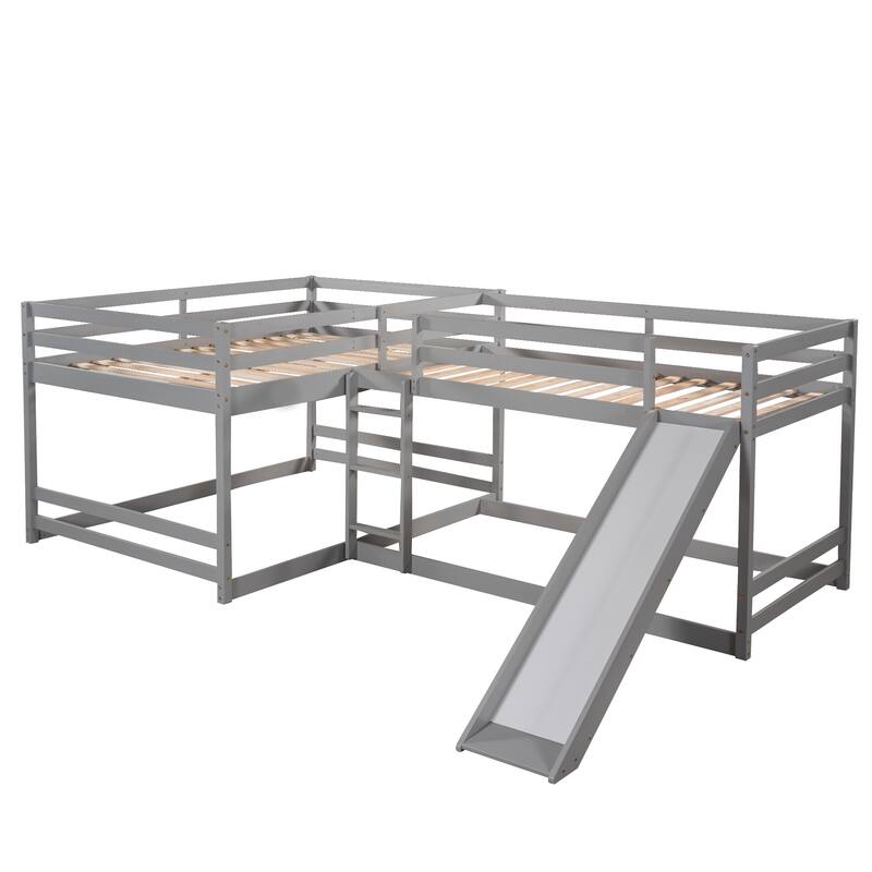 L-Shaped Full and Twin Bunk Bed with Slide, Durable Pine Frame, White