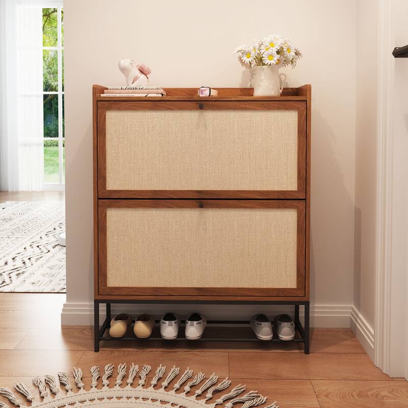 Free-standing Two-tier Flip-out Drawer Wooden Shoe Storage
