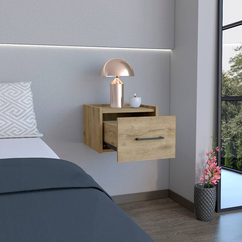 Wall-Mounted Nightstand with Drawer and Surface, Space-Saving Design, Durable Manufactured Wood