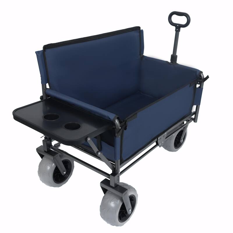 3-in-1 Folding Wagon with Bench Seat & Rear-Mounted Folding Tabletop - 500lbs Capacity, 9"x4" Beach Tires - Blue
