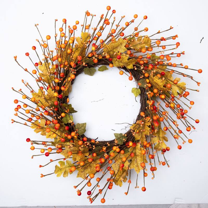 Berries and Maple Leaves Fall Harvest Artificial Twig Wreath - 22"