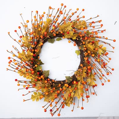 Berries and Maple Leaves Fall Harvest Artificial Twig Wreath - 22"