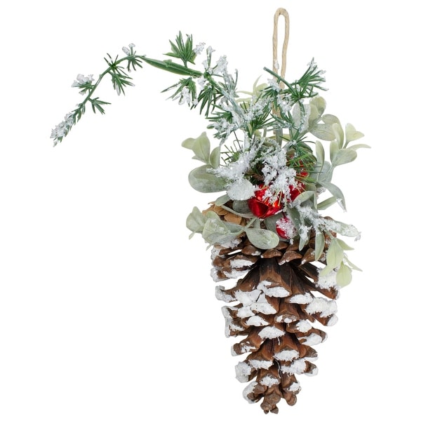 13" Pine Cone with Mixed Foliage, Red Jingle Bells, and Berries Hanging Christmas Ornament. Opens flyout.