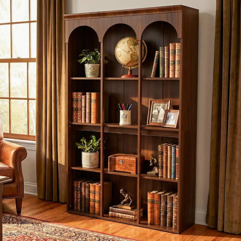 70.9" Tall Arched Bookcase for Living Room, 5-Tier Mid-Century Modern Freestanding Wooden Library Bookshelf