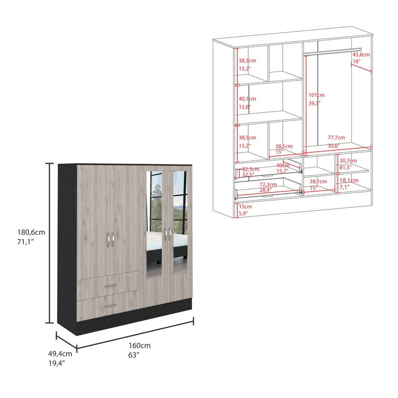 63" Modern Mirrored Armoire with Hanging Rod, Six Shelves and Two Drawers for Bedroom