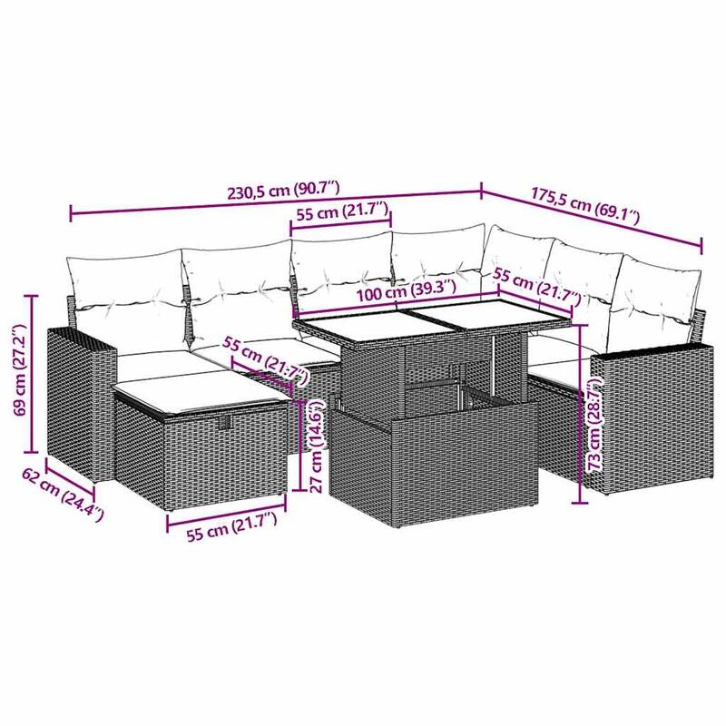 vidaXL Patio Sofa Set with Cushions and Table Outdoor Garden 8 Piece Poly Rattan - 24.4" x 24.4" x 27.2"