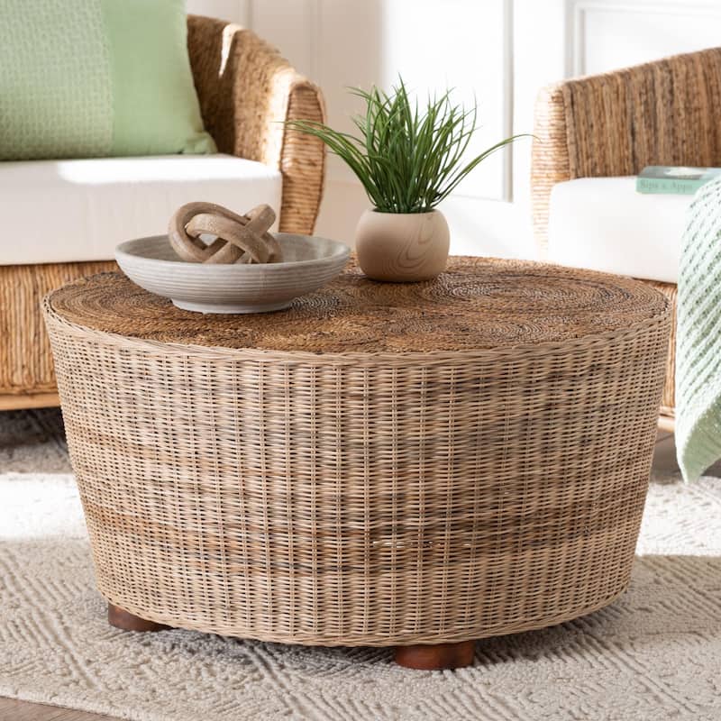 Hosanna Natural Rattan Coffee Table - Handwoven Wicker Accent Table with Textured Spiral Top for Living Room