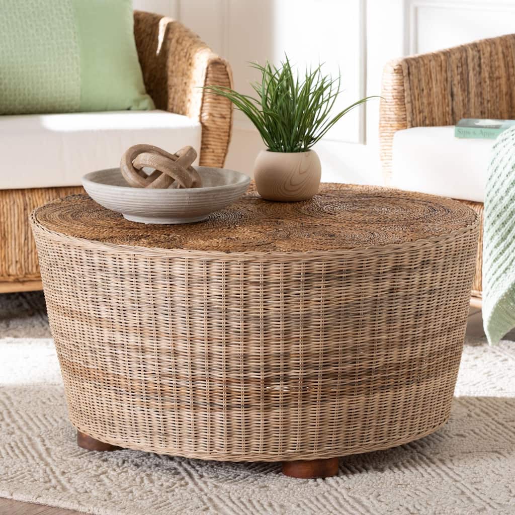 Hosanna Natural Rattan Coffee Table - Handwoven Wicker Accent Table with Textured Spiral Top for Living Room