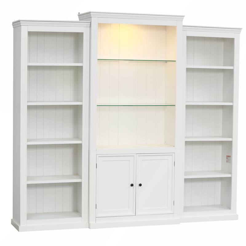78.75IN Tall 3-Pieces Bookcase Display Cabinet with 5-Color Adjustable LED Ceiling Light and Tempered Glass Shelves