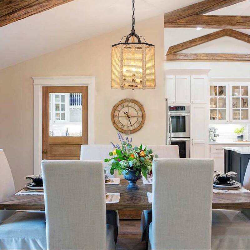 3-Light Farmhouse Lantern-style Chandelier with Hemp Rope for Living Room