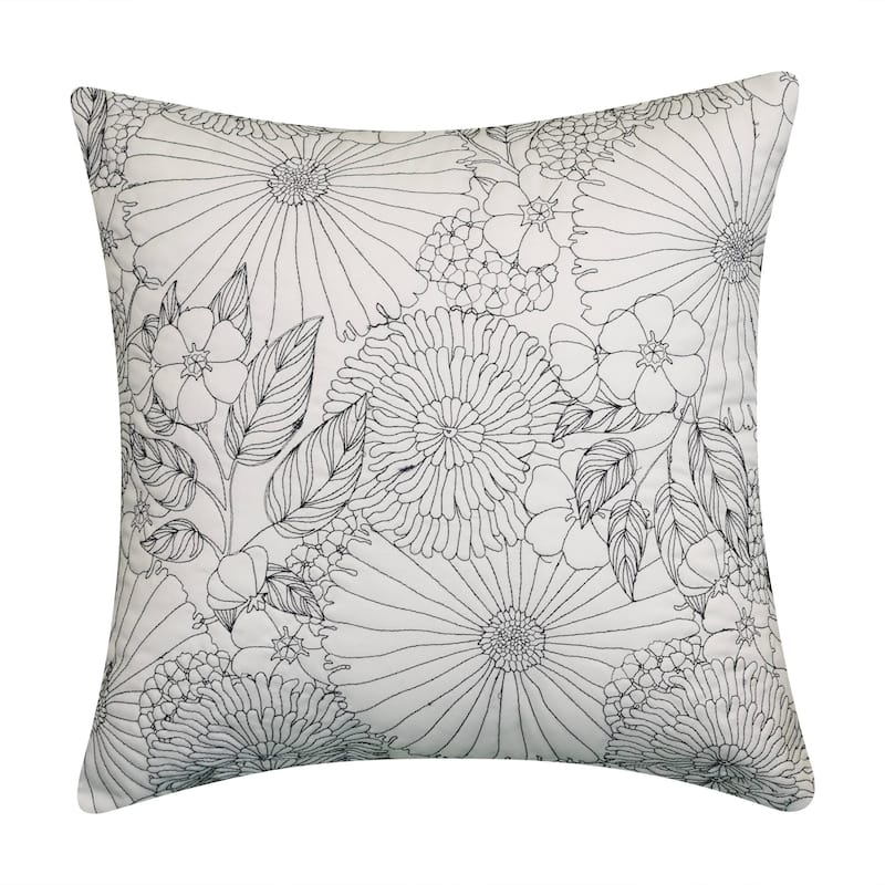 Edie At Home Fine Line Embroidered Floral 18x18 Indoor & Outdoor Decorative Throw Pillow, Black