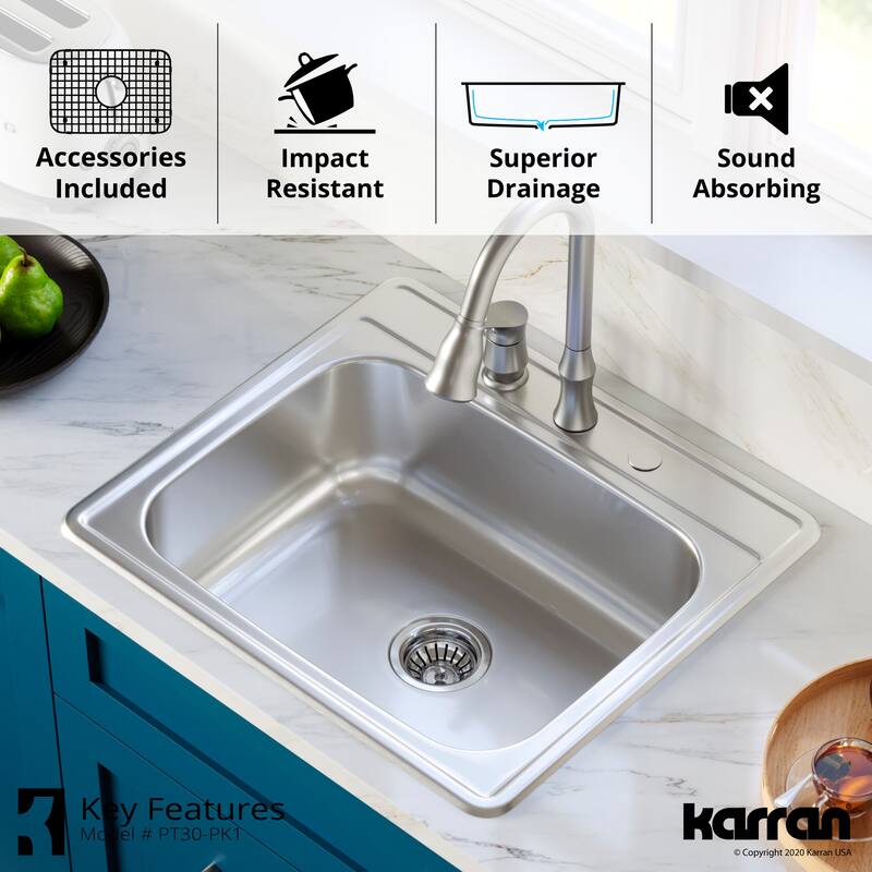 Karran 25" Top Mount 18-Gauge Stainless Steel Single Bowl Kitchen Sink Kit