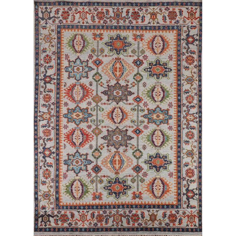 All-Over Geometric Oushak Indian Area Rug Hand-Knotted Wool Carpet - 7'9"x 9'10"