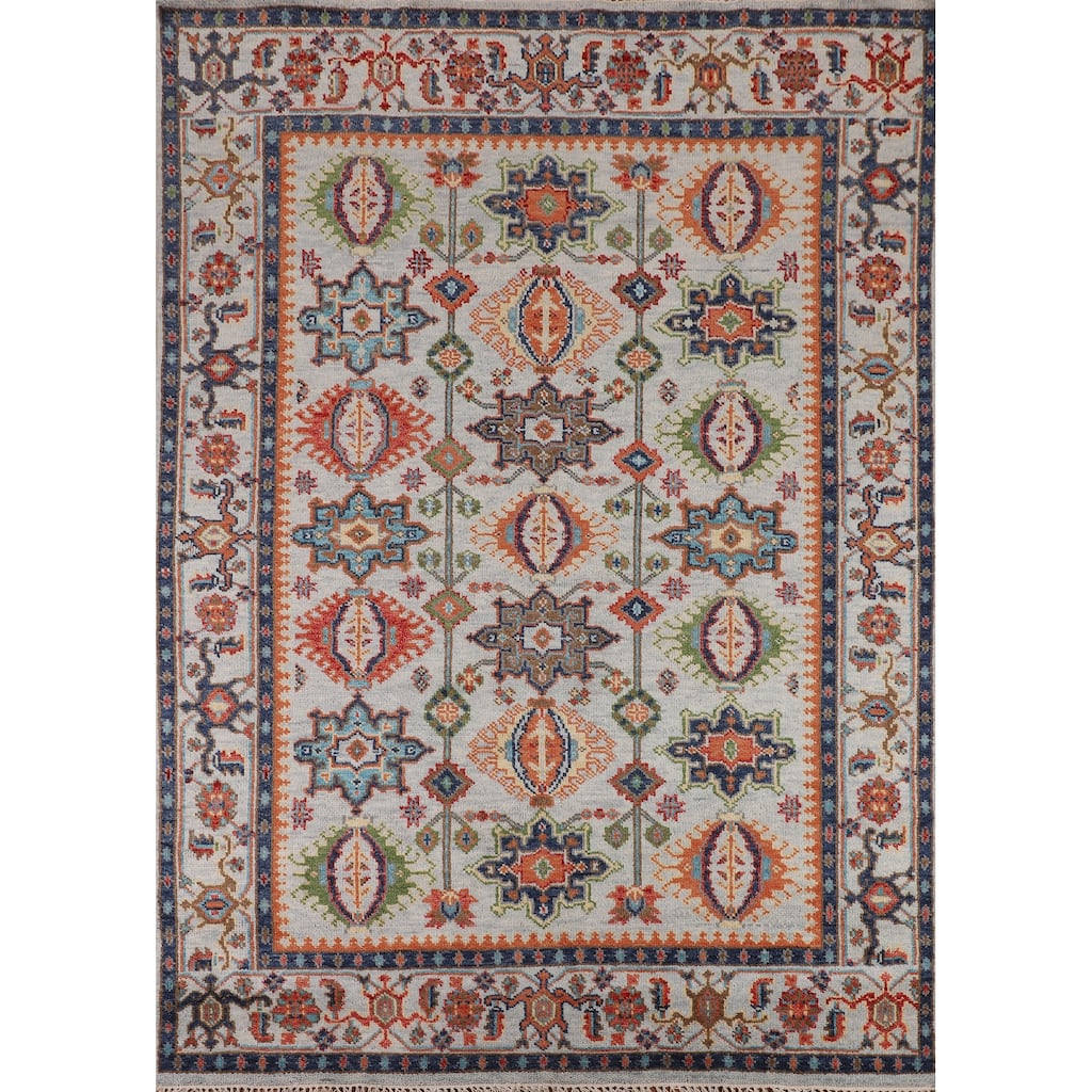 All-Over Geometric Oushak Indian Area Rug Hand-Knotted Wool Carpet - 7'9"x 9'10"