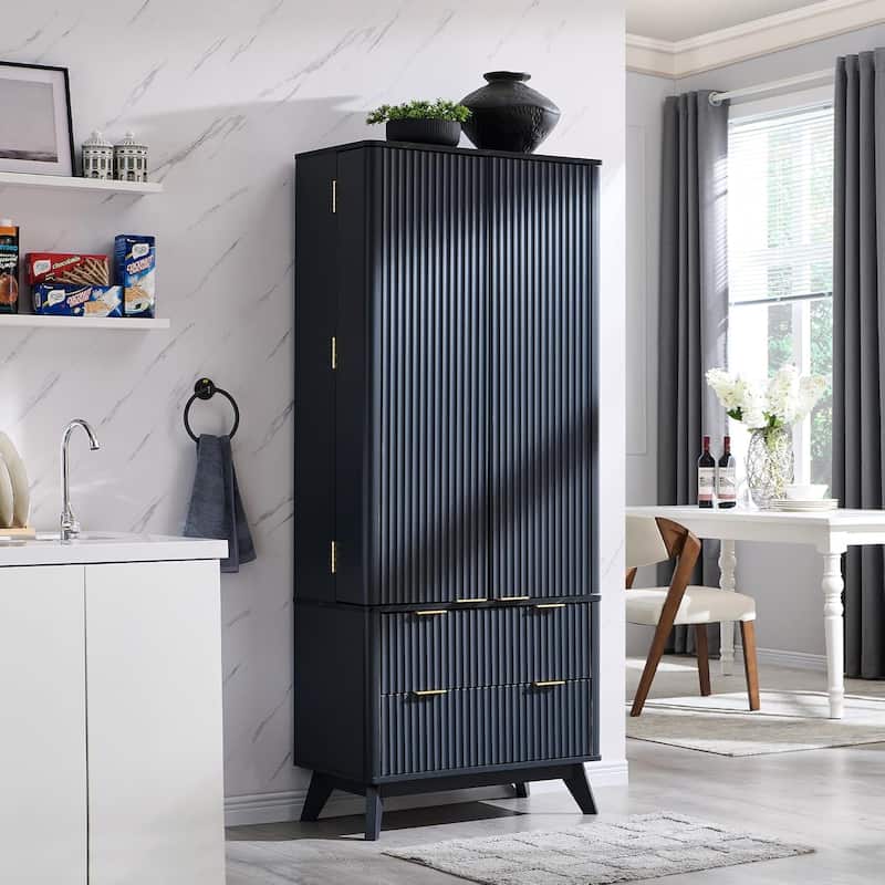 72" Tall Modern Fluted Pantry Cabinet, Storage Cabinet, Wood Cupboard - Dark Grey