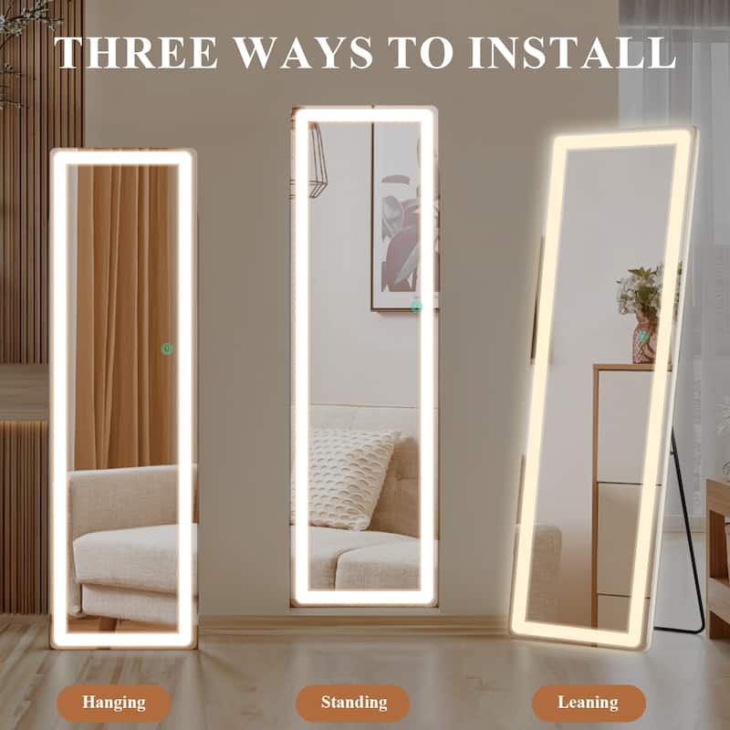 Rectangle Aluminum Alloy Frame Full Length Mirror with Stand & Dimmable 3-Color Lighting for Bedroom Cloakroom