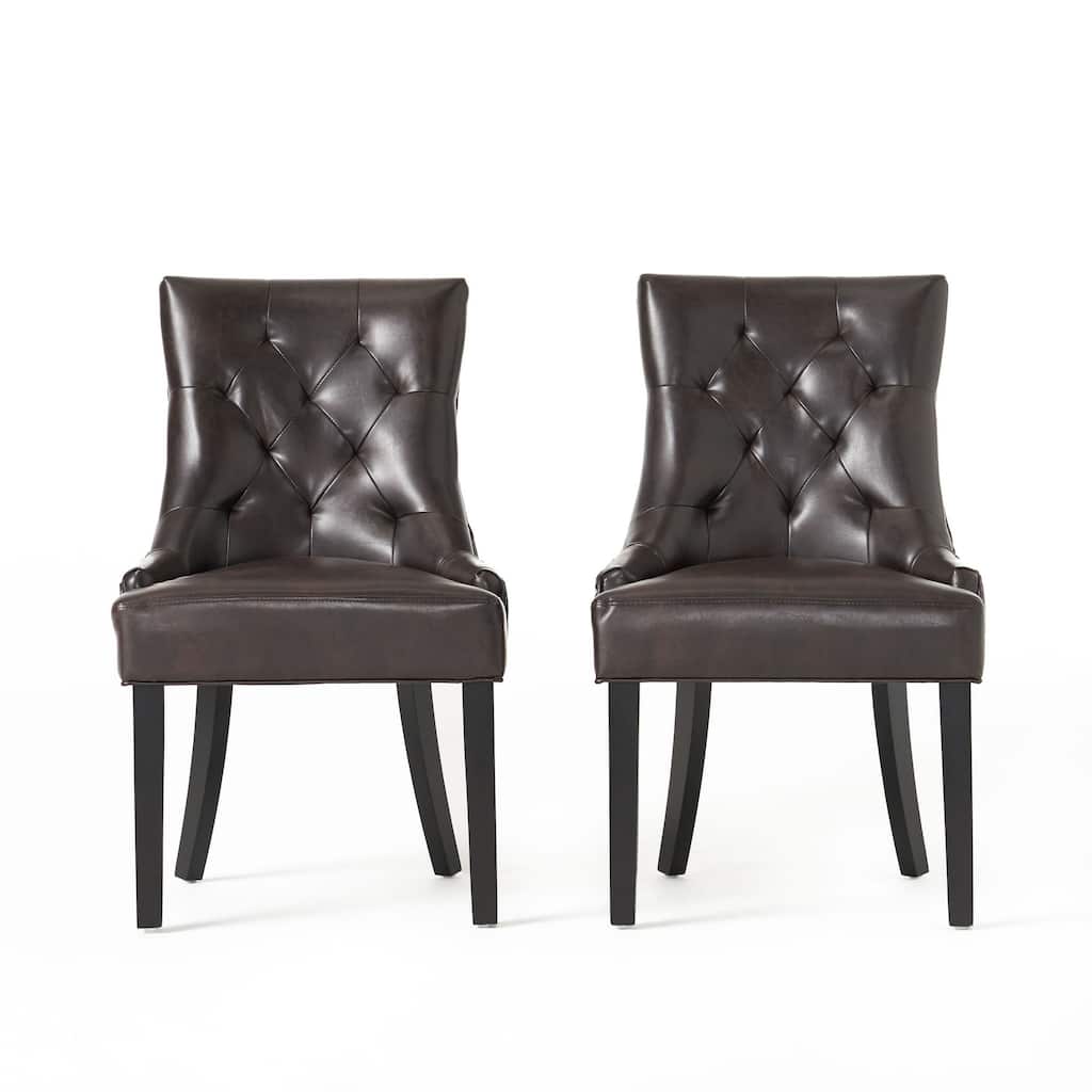 Chen Dining Chair Set of 2, Sloped Arms, Tufted Brown Faux Leather
