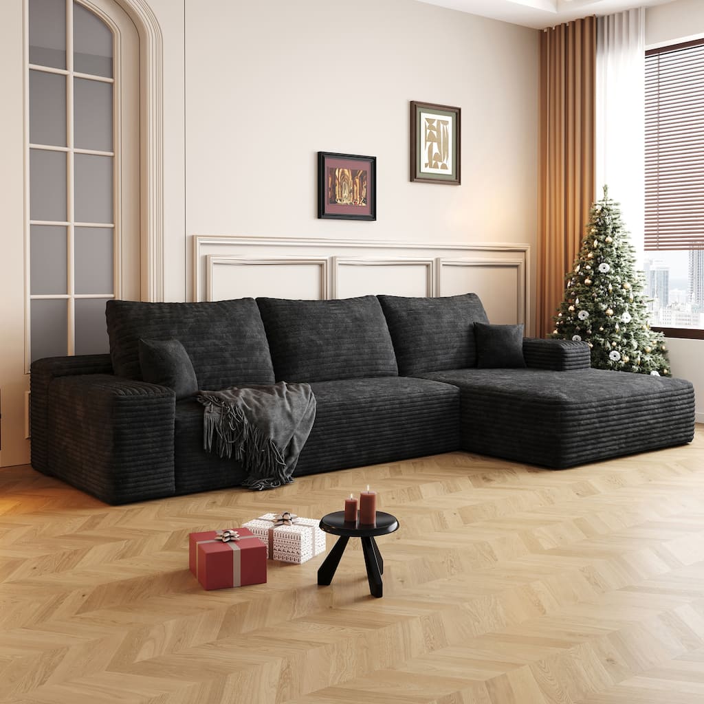 Modular Sectional Sofa with L-Shape Chaise Lounge, Corduroy Upholstered Boneless Cloud Sofa, Full Compressed Corner Floor Sofa