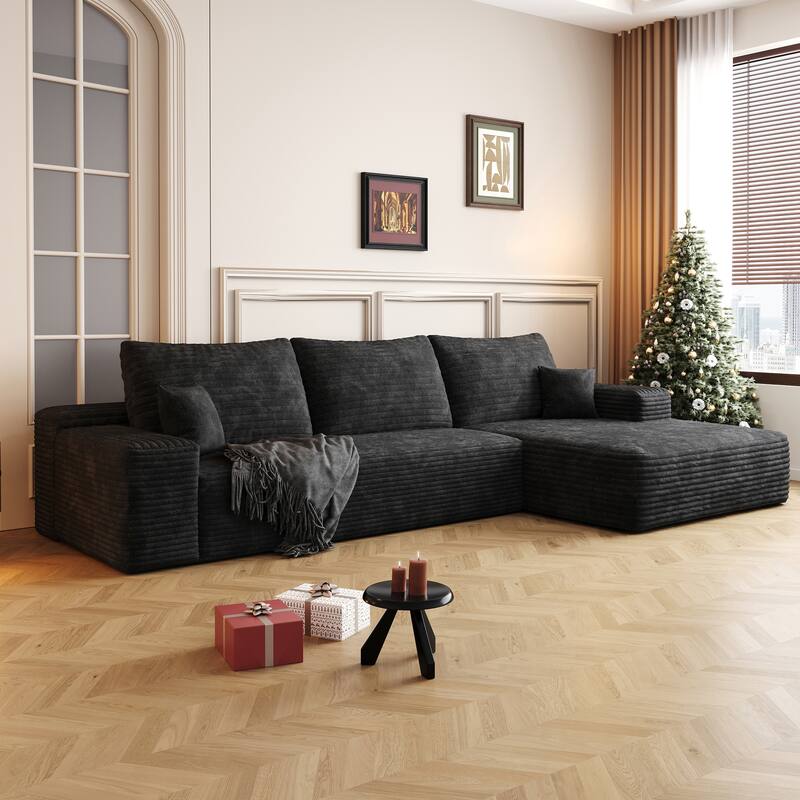 Modular Sectional Sofa with L-Shape Chaise Lounge, Corduroy Upholstered Boneless Cloud Sofa, Full Compressed Corner Floor Sofa - Black
